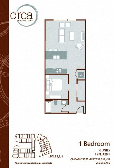 Floor plan for 1 bed, 1 bath, 755 sqft